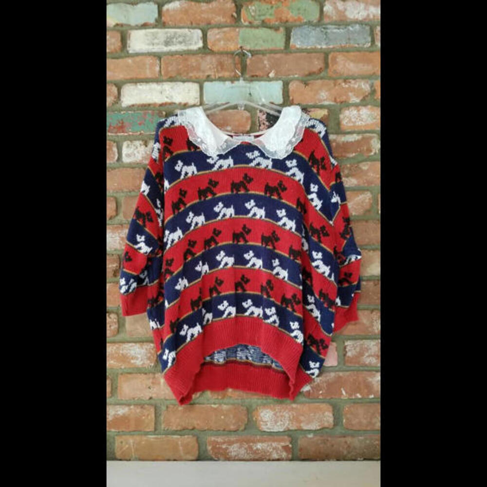 Vintage YORKIE dog sweater 1980's lace red, black, blue